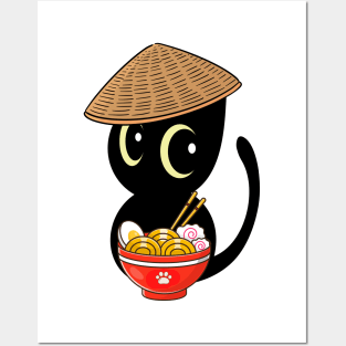 Funny Black Cat Eating Noodles Posters and Art